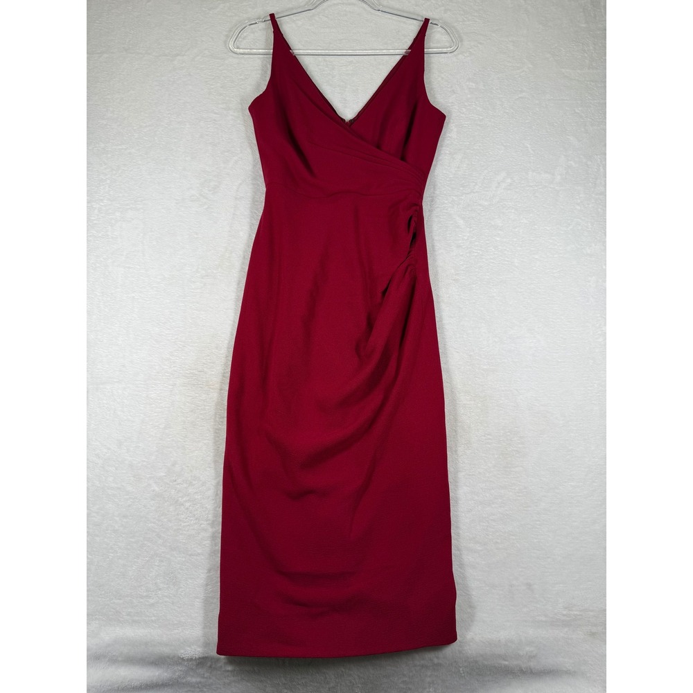 Dress‎ The Population Tiffany Garnet Red Ruched Midi Sheath Dress XS DDR288-3053